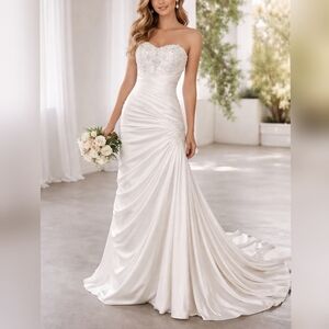 Demetrios White Satin Crystal Detail Sweetheart Strapless Wedding Dress sz 12